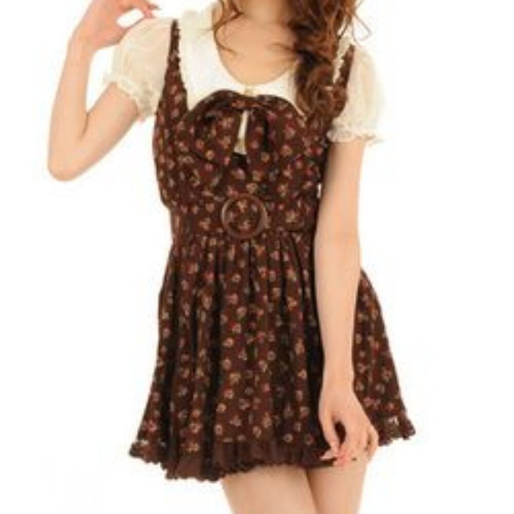 Liz Lisa Brown Floral Dress Mini gyaru lolita jfashion japan puff sleeve bow